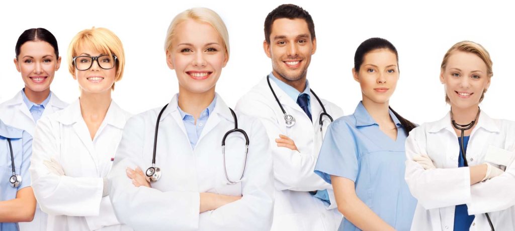 healthcare works in a line against a white background
