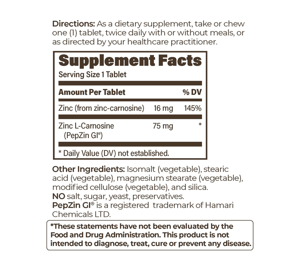 PepzinGI 75mg Zinc L-Carnisine - 60 Chewable tablets - Image 2